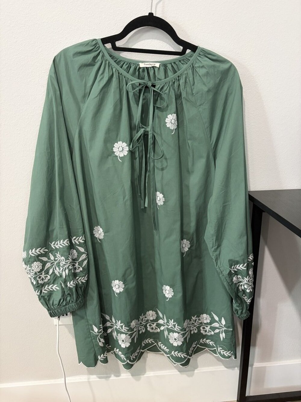 SundayUp Green and White Embroidered Dress